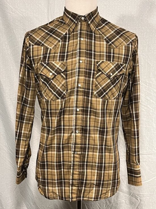 Ely Cattleman Other - Ely Cattleman Pearl Snap Shirt Mens Medium Tan Brown Plaid Western Long Sleeve